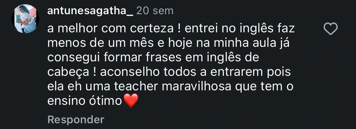 Screenshot de depoimento real de uma aluna sobre seu desenvolvimento nas aulas.