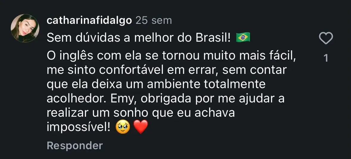 Screenshot de depoimento real sobre confiança, acolhimento e realização de um sonho.